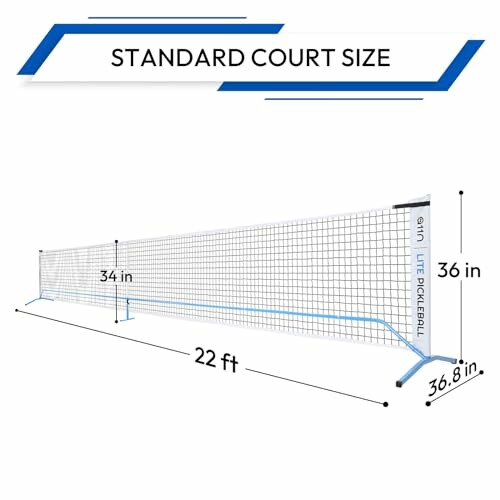 Standard court size pickleball net with dimensions.