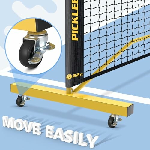 Pickleball net with wheels for easy movement.