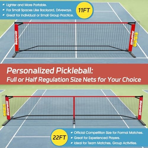 Two pickleball nets, 11ft and 22ft, for small spaces or group practice.