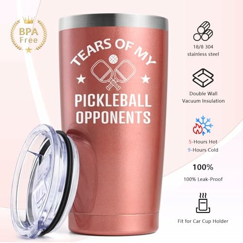 Pink tumbler with text 'Tears of My Pickleball Opponents' and features listed.