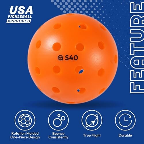 Orange pickleball with features: durable, true flight, consistent bounce.