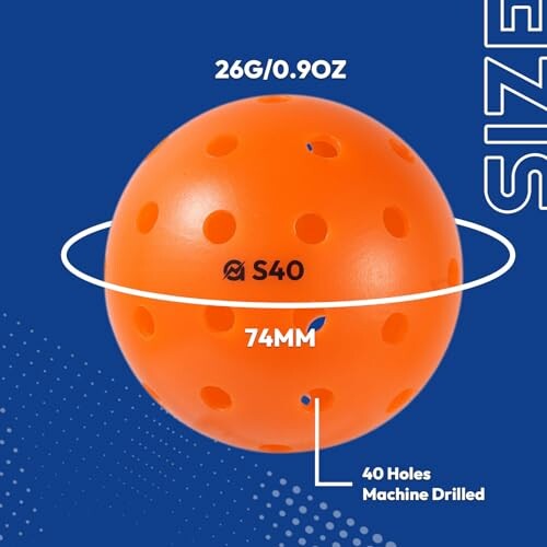 Orange pickleball with 40 holes, weighing 26g/0.9oz and 74mm in size.