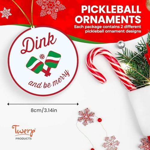 Holiday pickleball ornaments with candy canes and festive decorations.