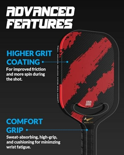 Pickleball paddle with higher grit coating and comfort grip features.