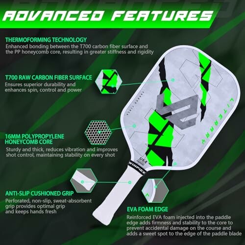 Pickleball paddle with advanced features including thermofirming technology, T700 carbon fiber surface, and EVA foam edge.