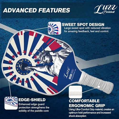 Pickleball paddle with advanced features including sweet spot design, edge-shield, and ergonomic grip.