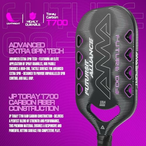 Pickleball paddle with advanced spin technology and Toray carbon fiber construction.