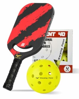 Pickleball paddle with red stripes and a yellow ball.