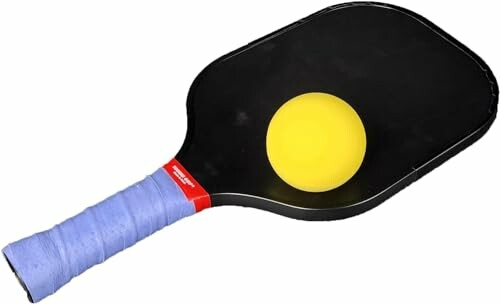 Pickleball paddle with yellow ball on top.