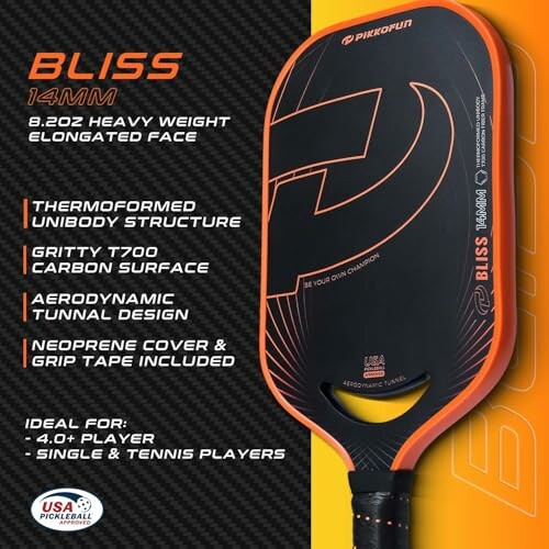 Pickleball paddle with features and specifications listed.