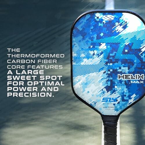 Blue pickleball paddle with carbon fiber core and textured design.