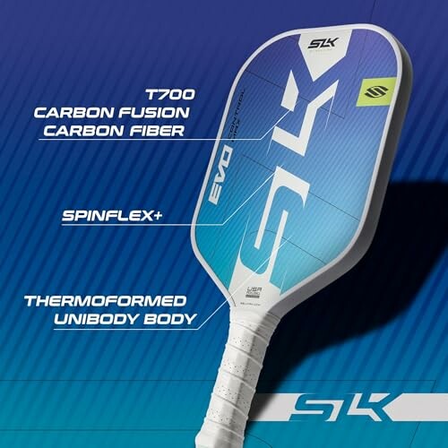 Blue SLK pickleball paddle with text highlighting features.