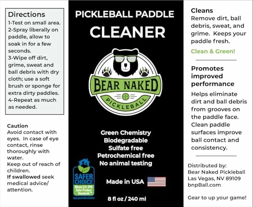 Label for Bear Naked Pickleball Paddle Cleaner with usage instructions and product details.