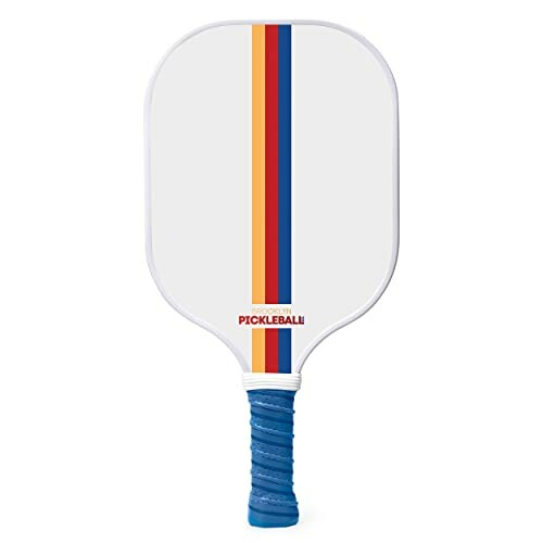 Pickleball paddle with colorful vertical stripes and blue grip.