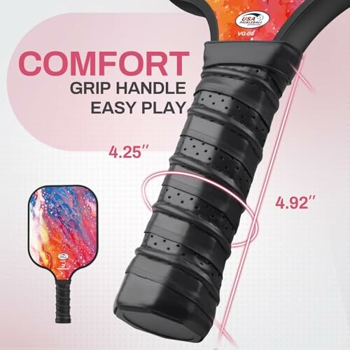 Pickleball paddle with comfort grip handle and dimensions.