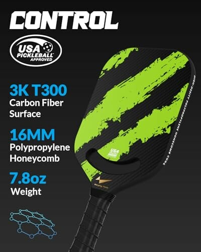 Pickleball paddle with 3K T300 carbon fiber surface and 16mm polypropylene honeycomb.