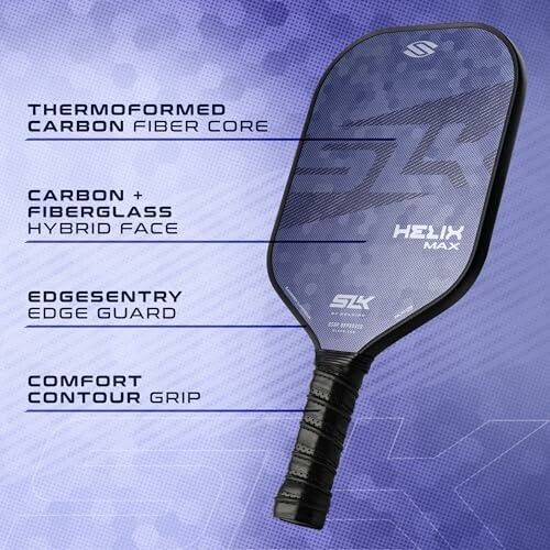 Pickleball paddle with features labeled: carbon fiber core, hybrid face, edge guard, contour grip.