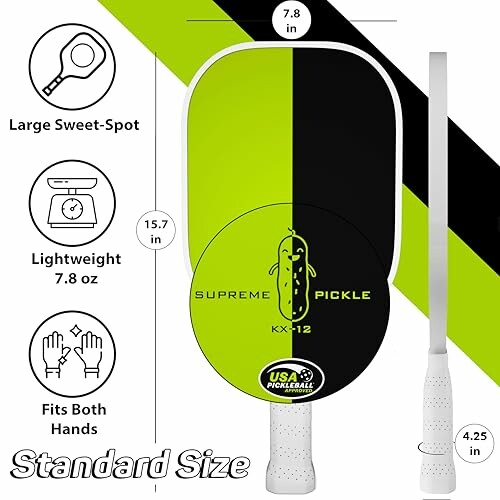 Pickleball paddle with large sweet spot and lightweight design.