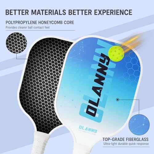 Pickleball paddle with polypropylene honeycomb core and top-grade fiberglass.