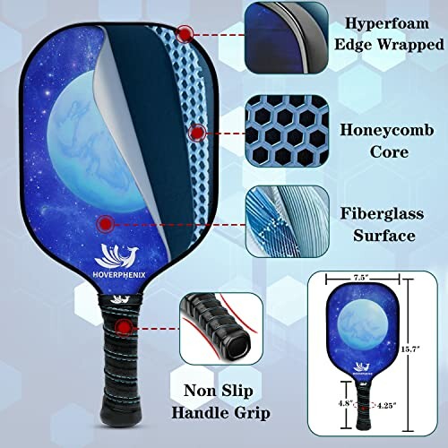 Diagram of a pickleball paddle showing hyperfoam edge, honeycomb core, fiberglass surface, and non-slip handle grip.