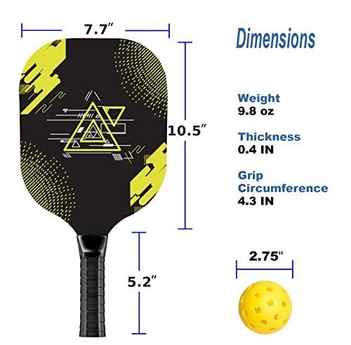 Pickleball paddle with dimensions and ball.