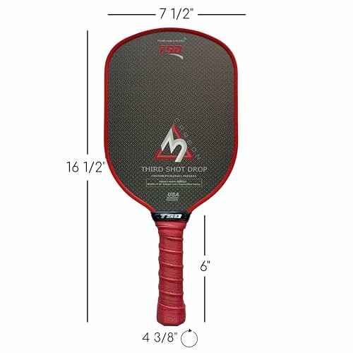 Pickleball paddle with dimensions labeled