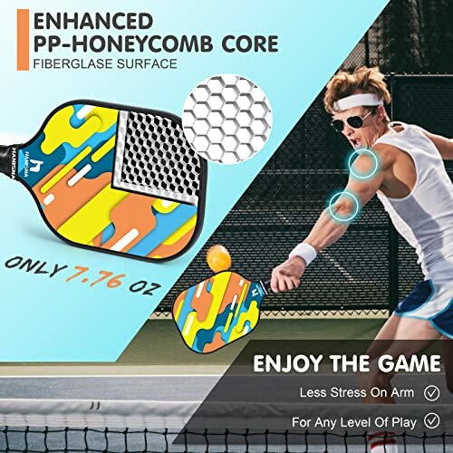 Colorful pickleball paddle with enhanced honeycomb core and player on court.