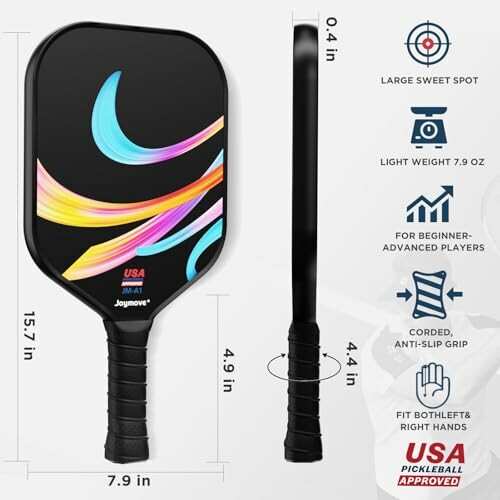 Pickleball paddle with features and dimensions highlighted.