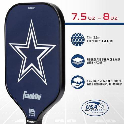 Pickleball paddle with star logo, features listed: 7.5 to 8 oz weight, polypropylene core, fiberglass surface, cushion grip.