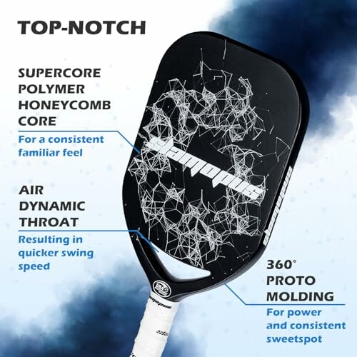 Pickleball paddle with highlighted features including polymer honeycomb core, air dynamic throat, and 360-degree proto molding.