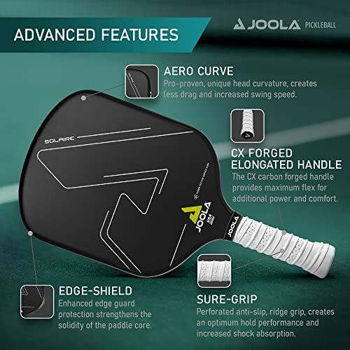 Image of a Joola pickleball paddle highlighting advanced features including aero curve, CX forged elongated handle, edge-shield, and sure-grip.