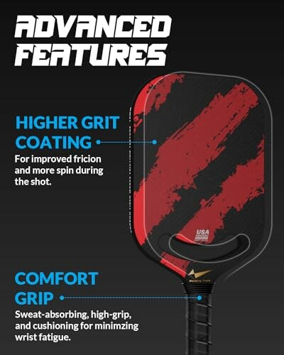 Pickleball paddle with higher grit and comfort grip features.