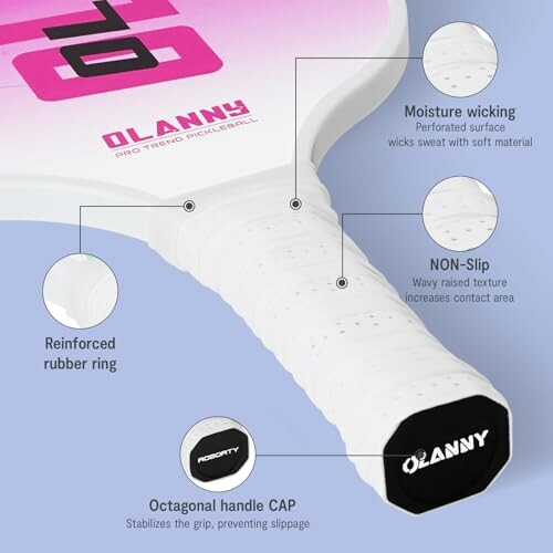 Close-up of pickleball paddle showing moisture wicking, non-slip grip, reinforced rubber ring, and octagonal handle cap.