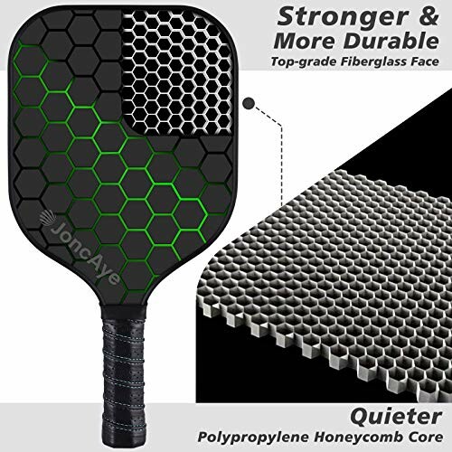 Pickleball paddle with fiberglass face and honeycomb core.