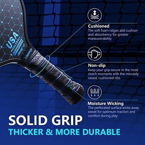 Pickleball paddle handle with cushioned, non-slip, moisture-wicking grip features.