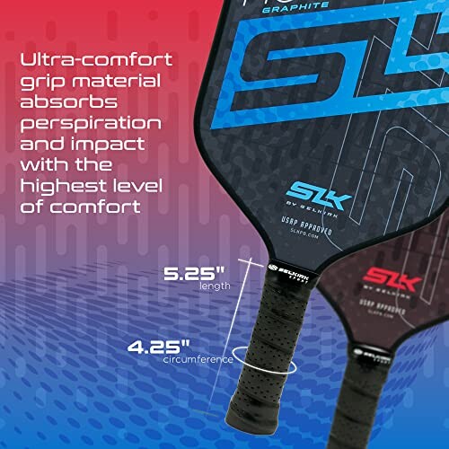 Pickleball paddle with comfort grip and dimensions