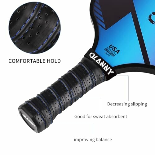 Close-up of pickleball paddle handle with features for comfort and grip.