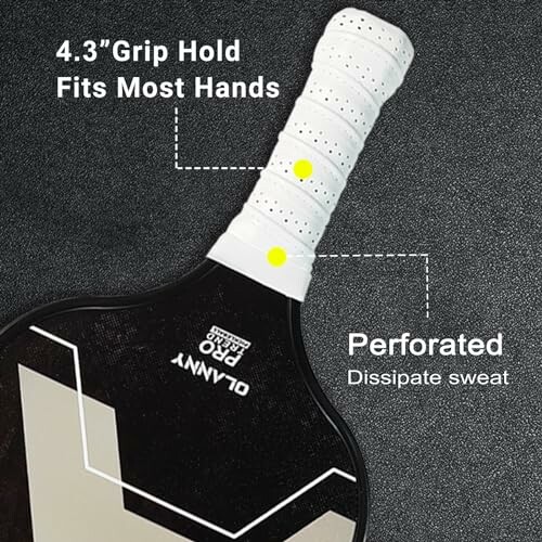 Pickleball paddle with perforated grip and text highlighting features.