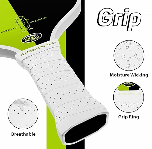 Pickleball paddle grip with moisture wicking and grip ring features