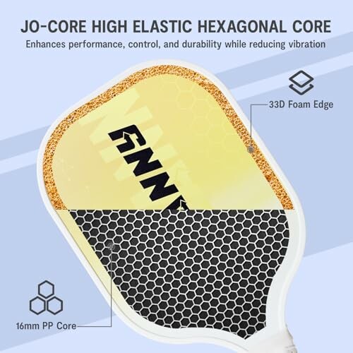 Diagram of pickleball paddle with hexagonal core and foam edge.