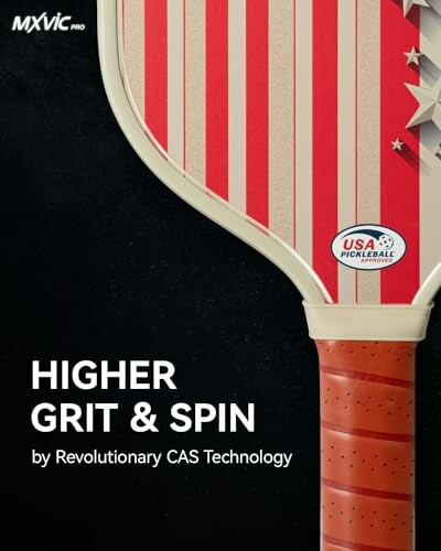 Pickleball paddle with USA Pickleball logo and text promoting higher grit and spin.