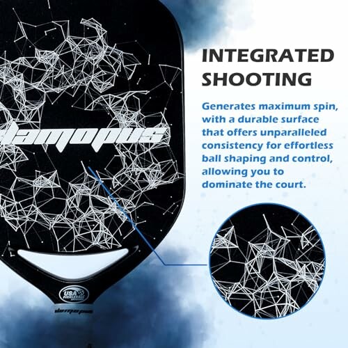 Pickleball paddle with integrated shooting technology and text about spin and control.