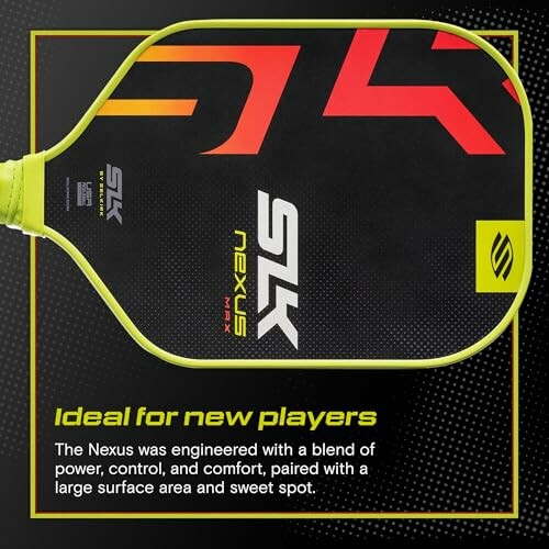 Close-up of Nexus pickleball paddle with text about features