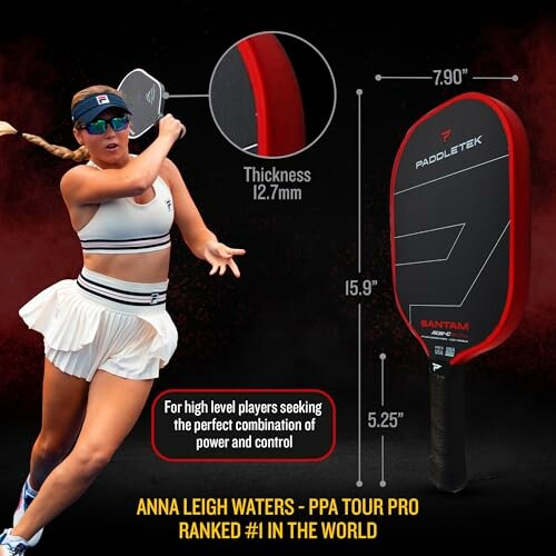 Pro player swinging a pickleball paddle with specifications displayed.