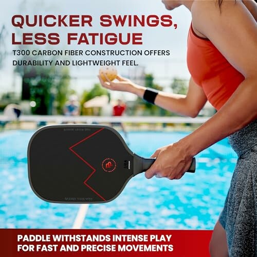 Person holding pickleball paddle with text about durability and lightweight feel.