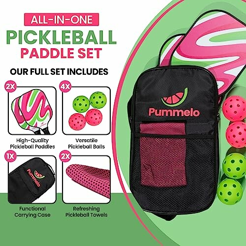 Pickleball paddle set with paddles, balls, carrying case, and towels.