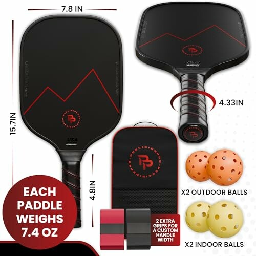 Pickleball paddle set with balls and grip accessories.