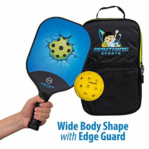 Pickleball paddle, ball, and bag set with wide body shape and edge guard.