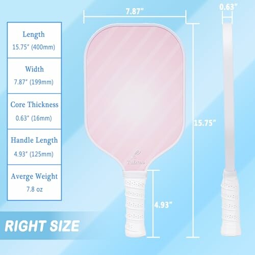 Pickleball paddle with size dimensions including length, width, core thickness, and handle length.