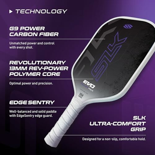 SLK Evo Power pickleball paddle with technology features highlighted.